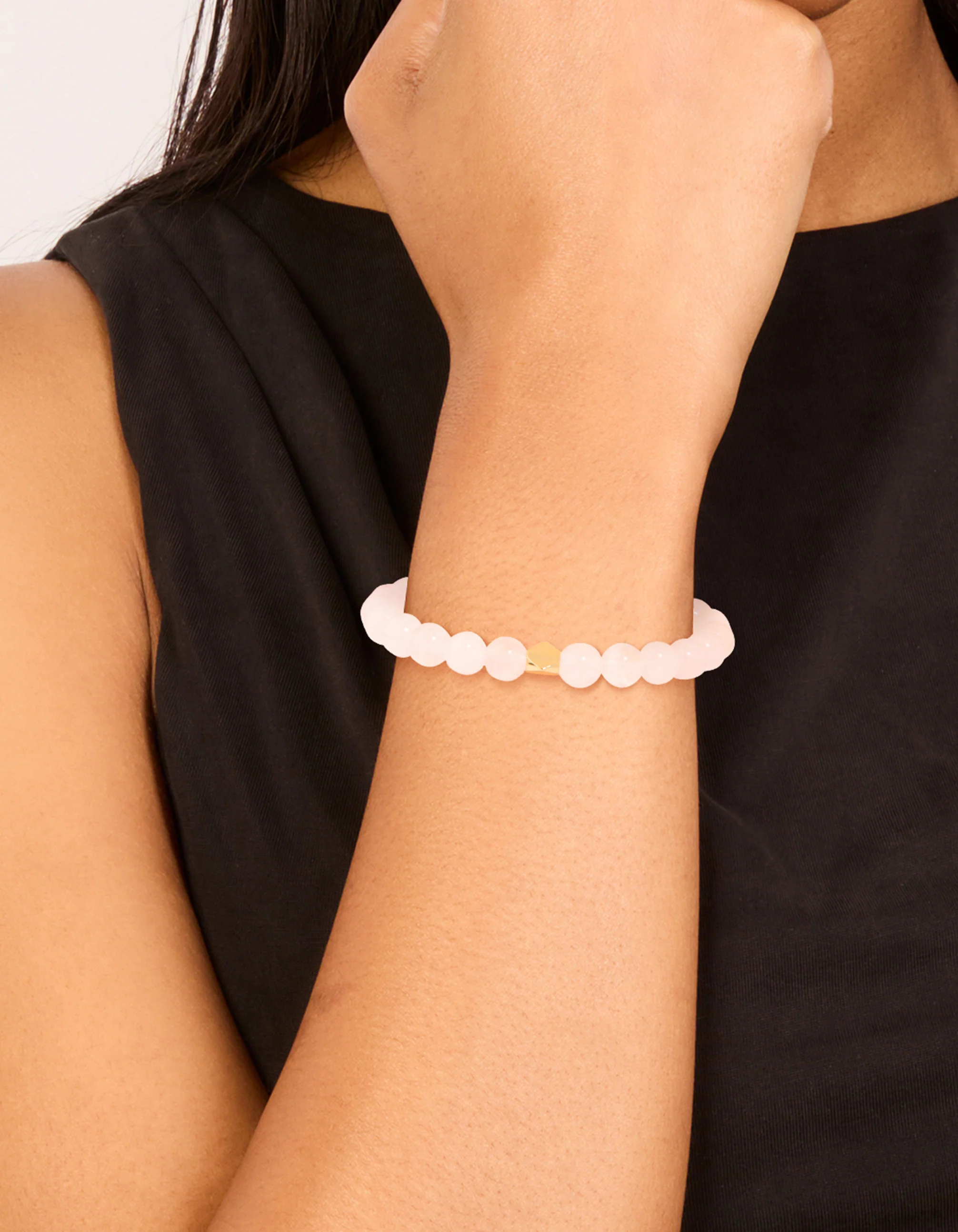 Gold Plated Round Rose Quartz Stretch Bracelet - Image 6