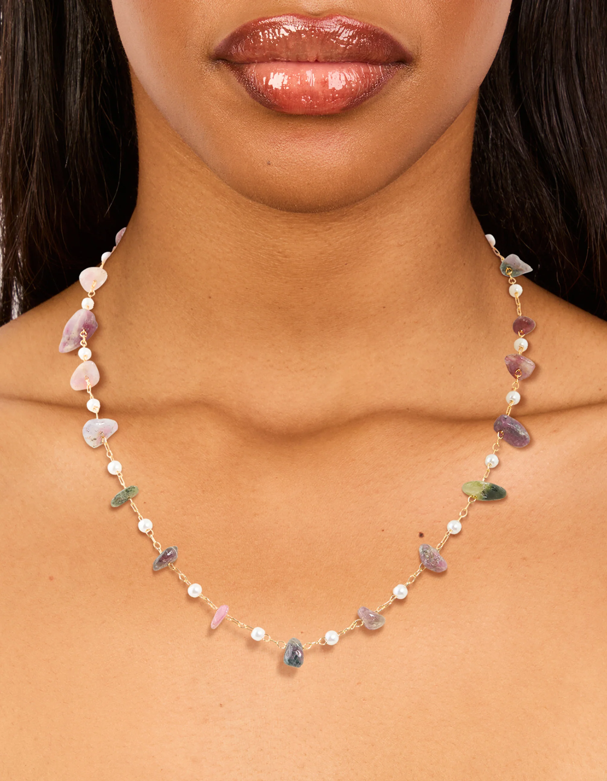 Gold Plated Semi Precious Stones & Pearls Alternating Necklace - Image 2