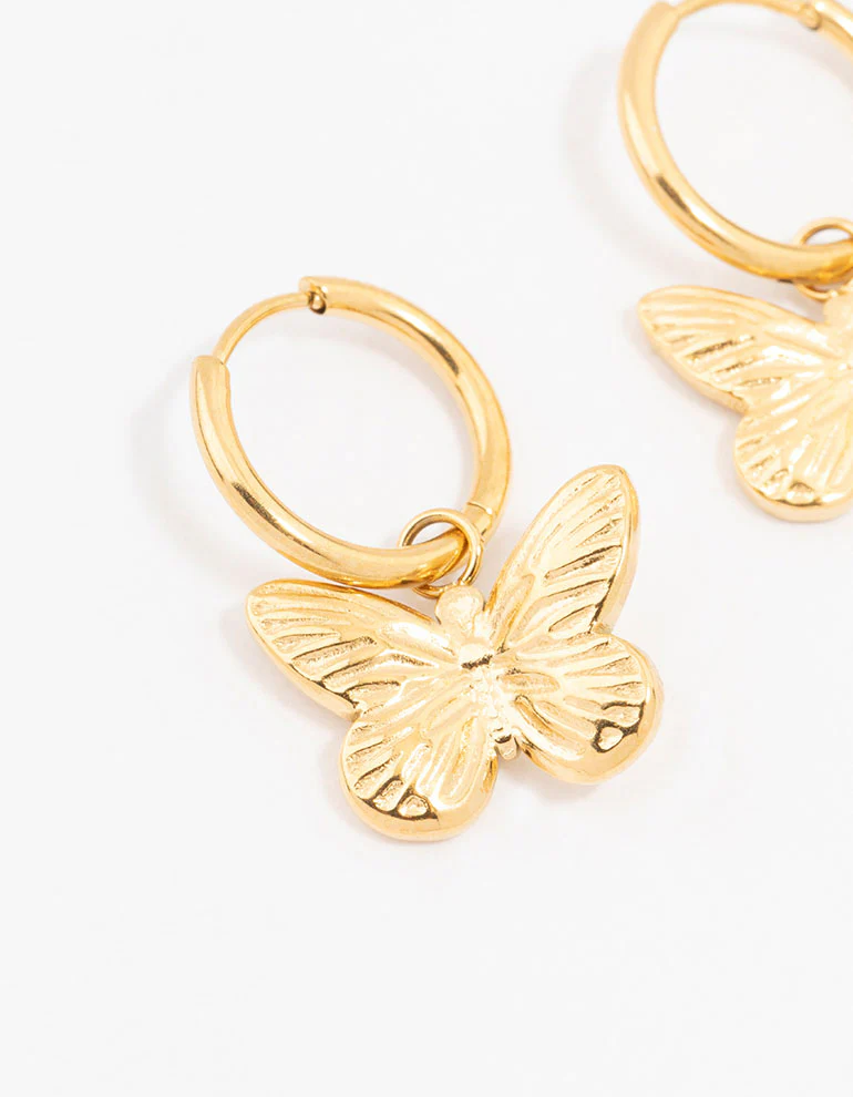 Waterproof Gold Plated Stainless Steel Butterfly Charm Hoop Earrings - Image 2