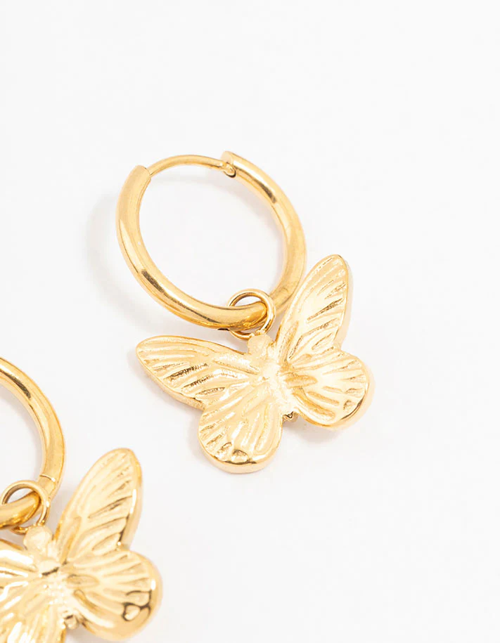 Waterproof Gold Plated Stainless Steel Butterfly Charm Hoop Earrings - Image 3