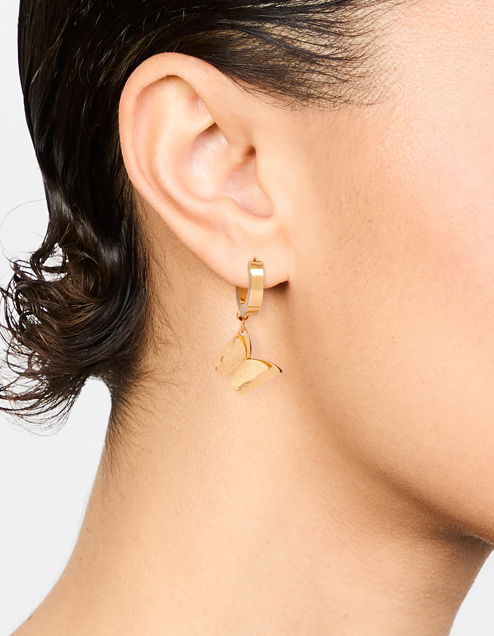 Waterproof Gold Plated Stainless Steel Butterfly Drop Huggie Earrings - Image 2