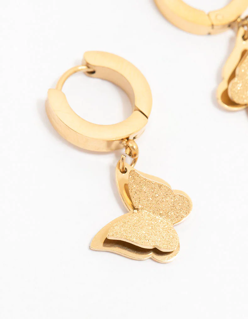 Waterproof Gold Plated Stainless Steel Butterfly Drop Huggie Earrings - Image 4