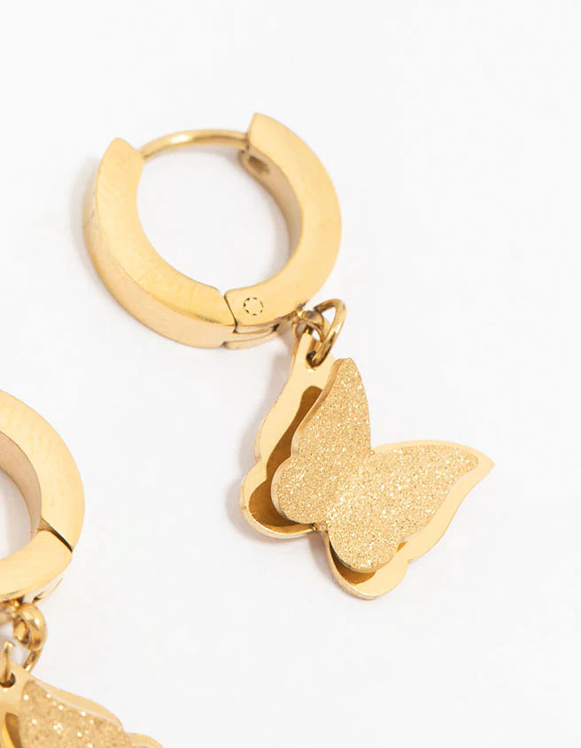 Waterproof Gold Plated Stainless Steel Butterfly Drop Huggie Earrings - Image 5