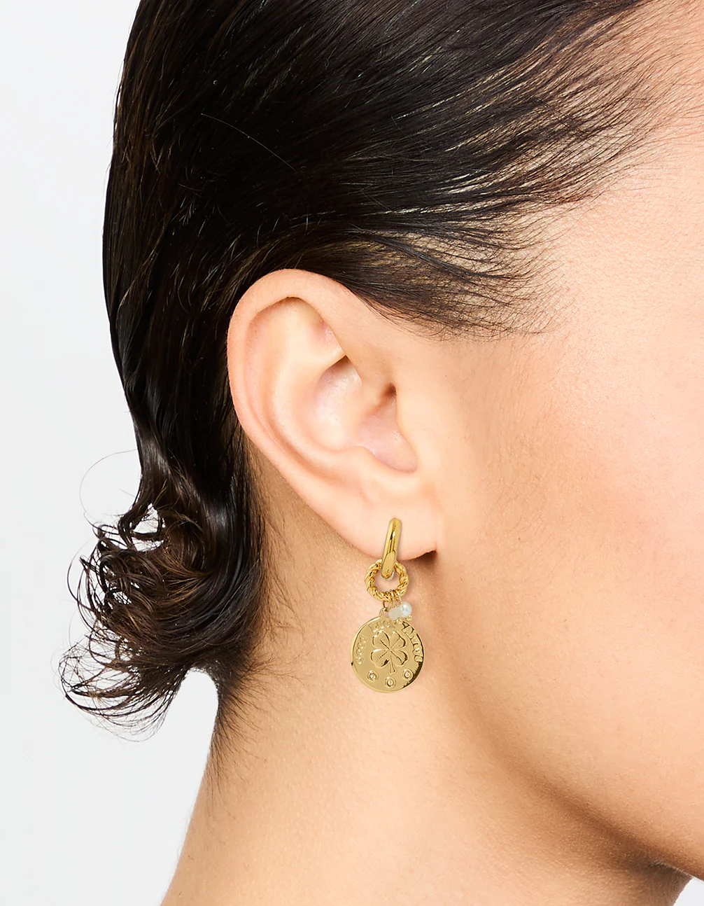 Waterproof Gold Plated Stainless Steel Clover Coin Drop Hoop Earrings - Image 2