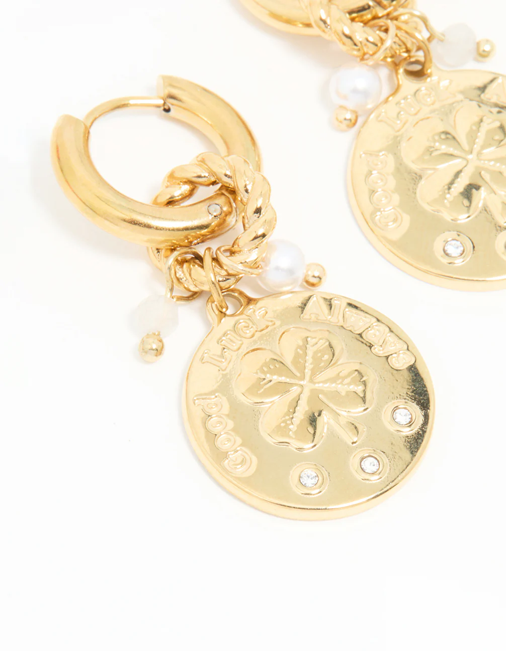 Waterproof Gold Plated Stainless Steel Clover Coin Drop Hoop Earrings - Image 4