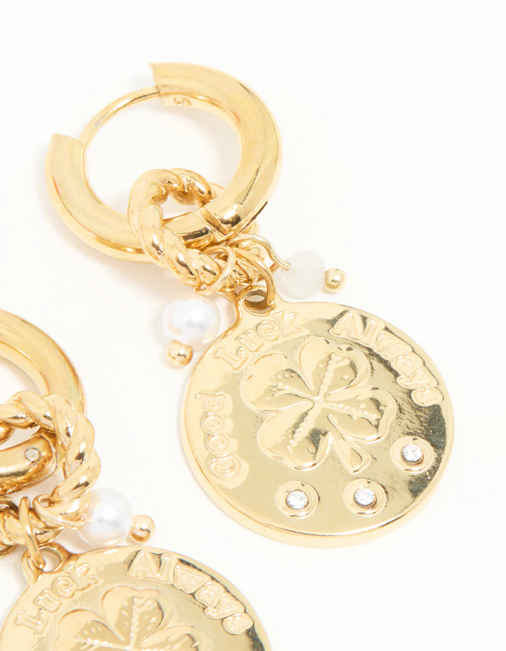 Waterproof Gold Plated Stainless Steel Clover Coin Drop Hoop Earrings - Image 5