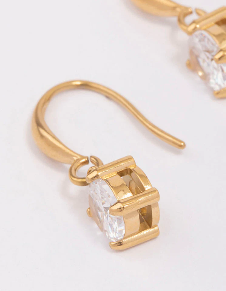 Waterproof Gold Plated Stainless Steel Cubic Zirconia Solitaire French Hook Earrings - Image 4