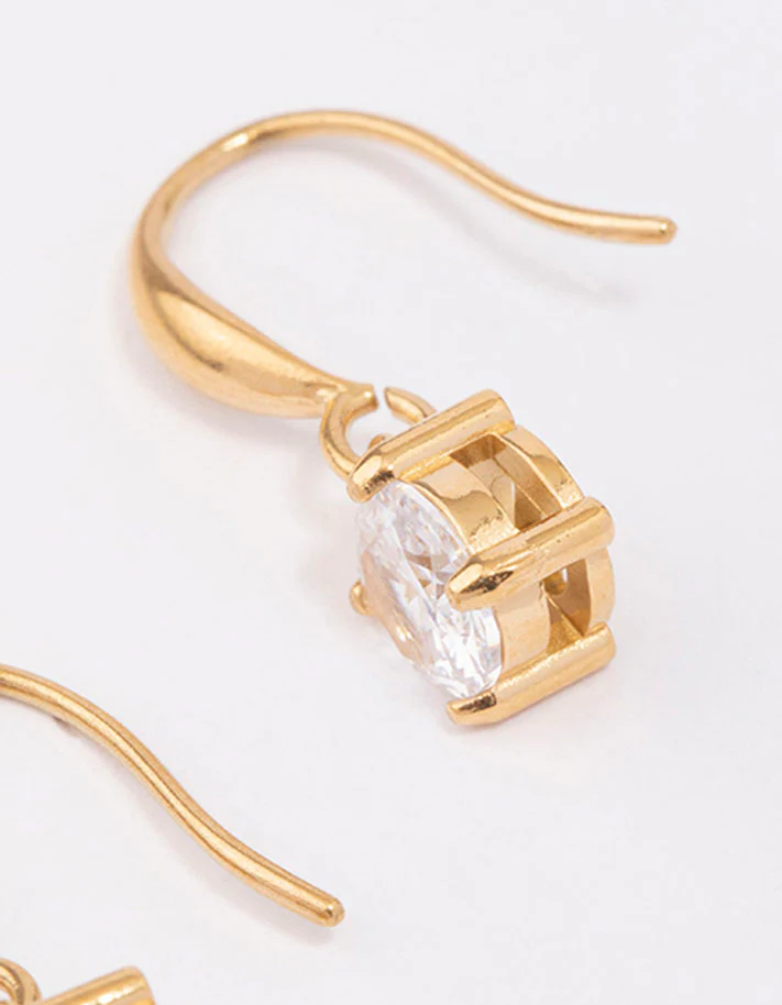 Waterproof Gold Plated Stainless Steel Cubic Zirconia Solitaire French Hook Earrings - Image 5