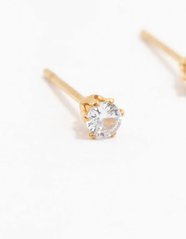Waterproof Gold Plated Stainless Steel Cubic Zirconia Stud Earrings 3 MM - Image 4