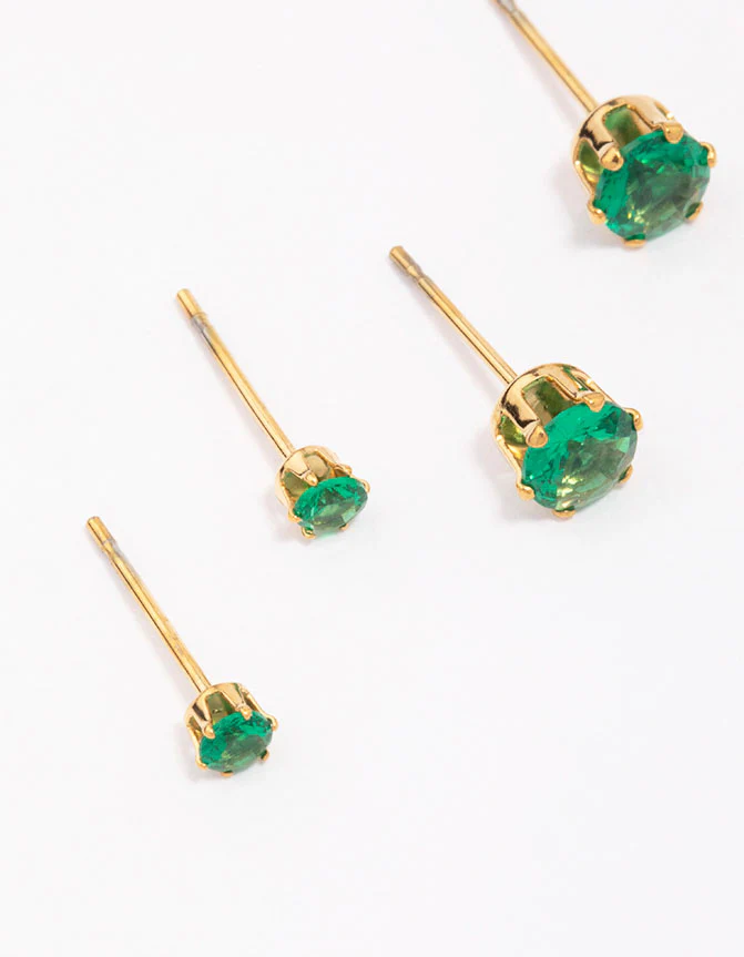 Waterproof Gold Plated Stainless Steel Emerald Cubic Zirconia Stud Earrings 3-Pack - Image 2