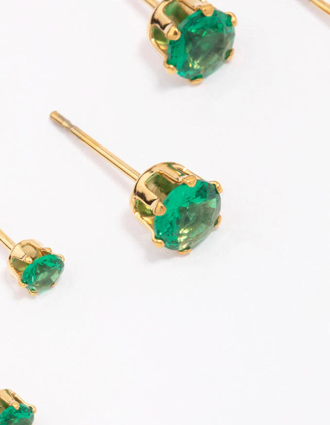 Waterproof Gold Plated Stainless Steel Emerald Cubic Zirconia Stud Earrings 3-Pack - Image 3