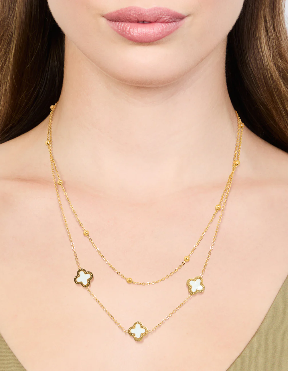 Waterproof Gold Plated Stainless Steel Flower Layered Necklace - Image 2