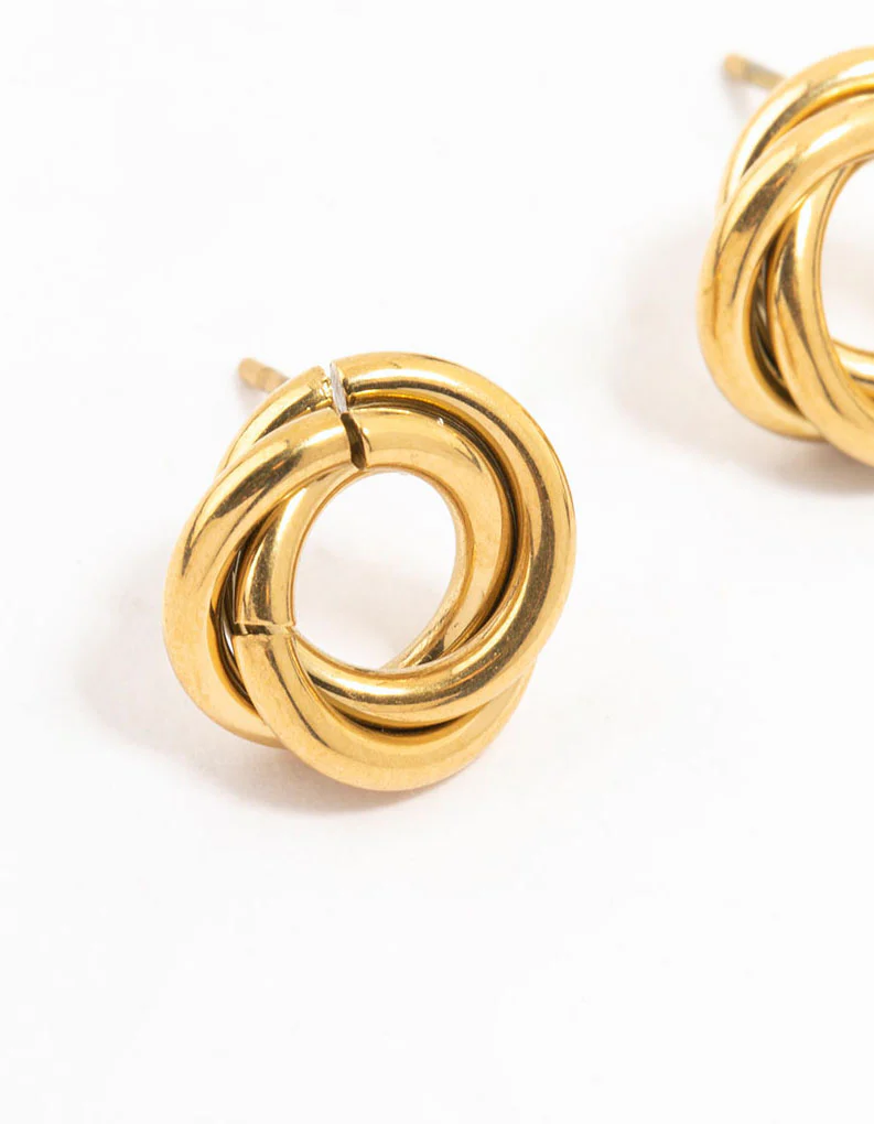 Waterproof Gold Plated Stainless Steel Knotted Doughnut Stud Earrings - Image 4