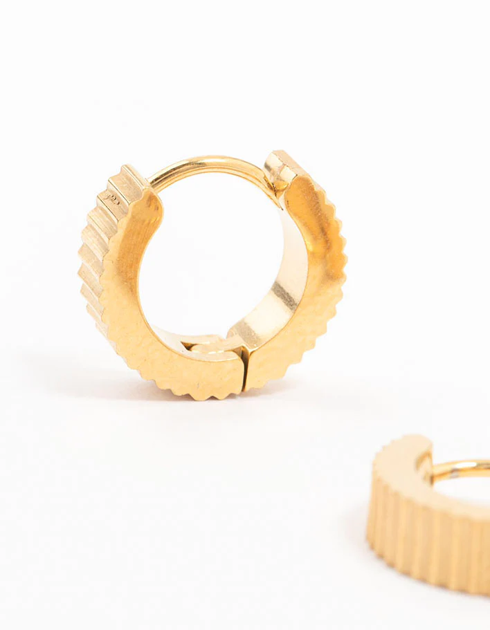 Waterproof Gold Plated Stainless Steel Ribbed Wide Huggie Earrings - Image 4