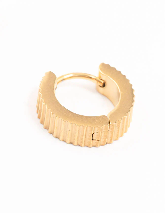 Waterproof Gold Plated Stainless Steel Ribbed Wide Huggie Earrings - Image 5