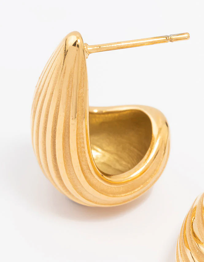 Waterproof Gold Plated Stainless Steel Small Ribbed Bubble Drop Earrings - Image 4