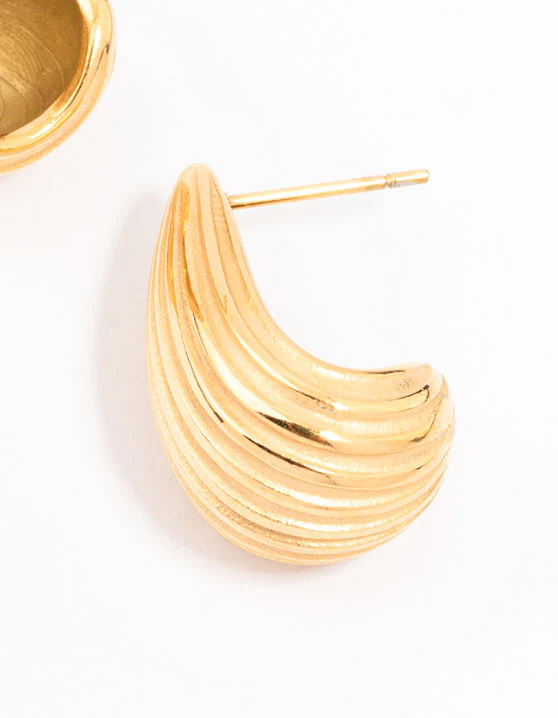 Waterproof Gold Plated Stainless Steel Small Ribbed Bubble Drop Earrings - Image 5