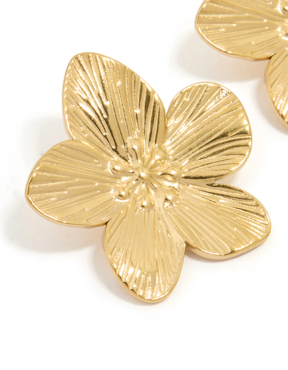 Waterproof Gold Plated Stainless Steel Textured Flower Stud Earrings - Image 4
