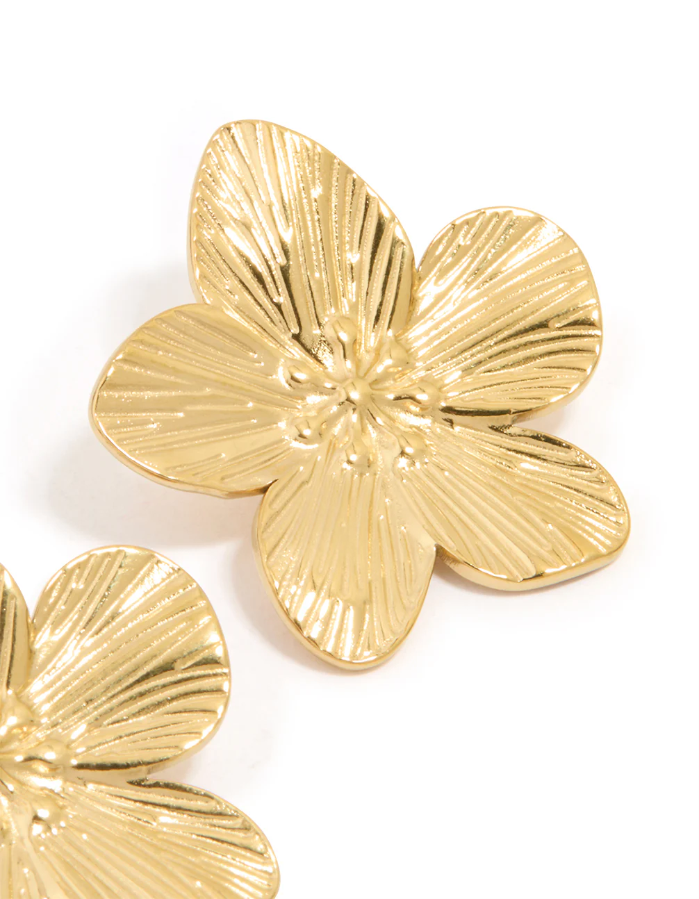 Waterproof Gold Plated Stainless Steel Textured Flower Stud Earrings - Image 5