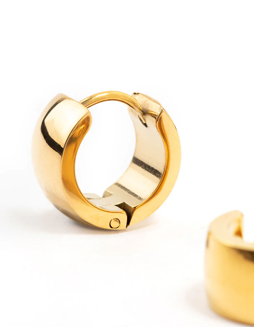 Waterproof Gold Plated Stainless Steel Wide Round Huggie Earrings - Image 4