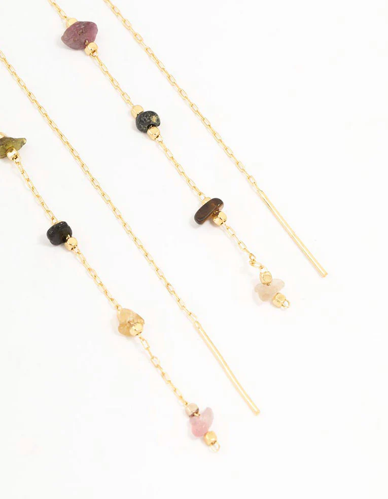Gold Plated Station Semi Precious Thread Through Earrings - Image 3