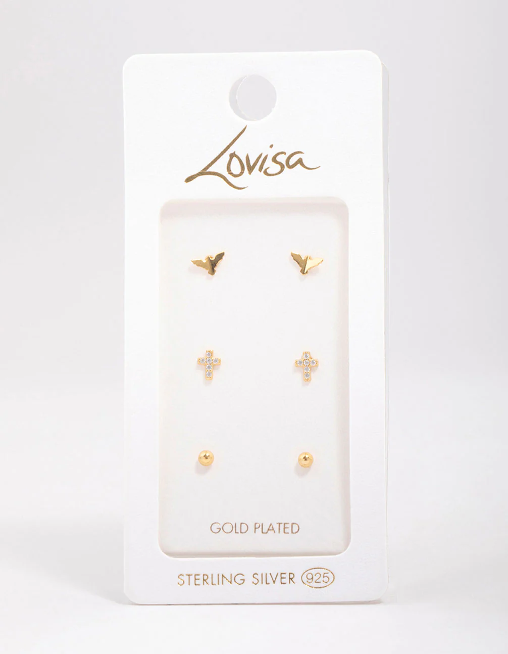 Gold Plated Sterling Silver Bird & Rose Stud Earring 3-Pack - Image 3