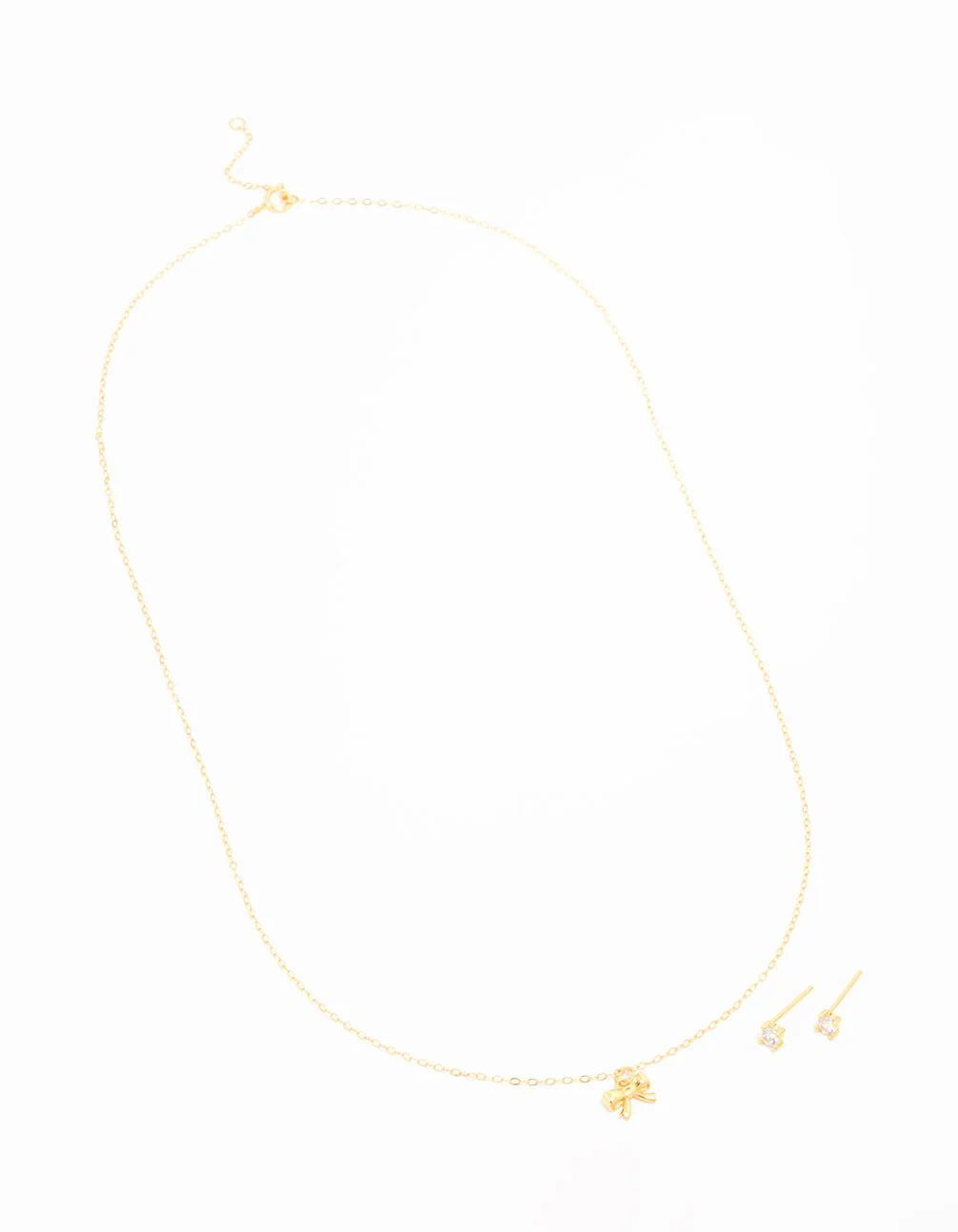 Gold Plated Sterling Silver Bow Necklace & Cubic Zirconia Studs Set - Image 2
