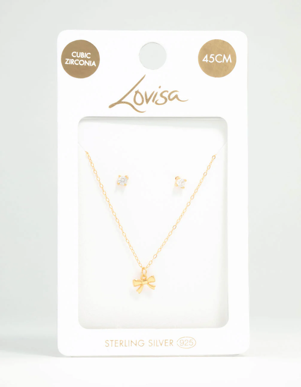 Gold Plated Sterling Silver Bow Necklace & Cubic Zirconia Studs Set - Image 3