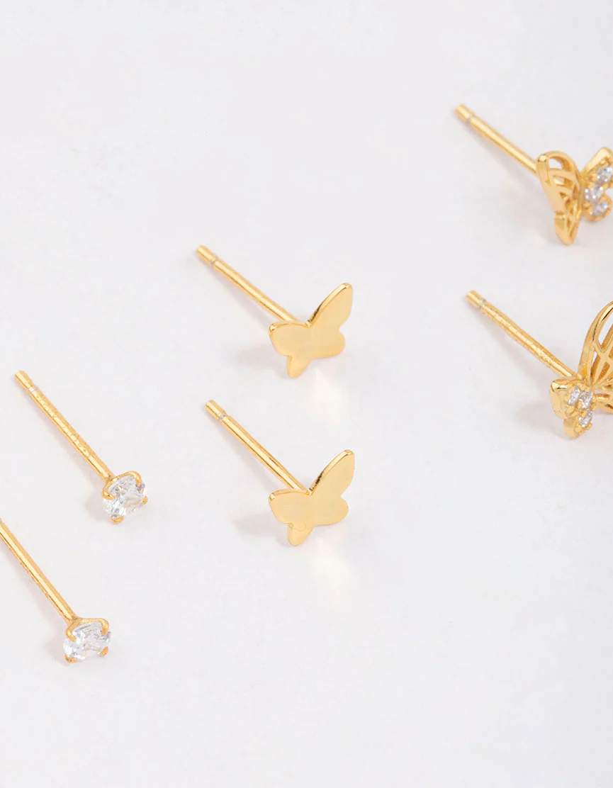Gold Plated Sterling Silver Butterfly Stud Earring 3-Pack - Image 2