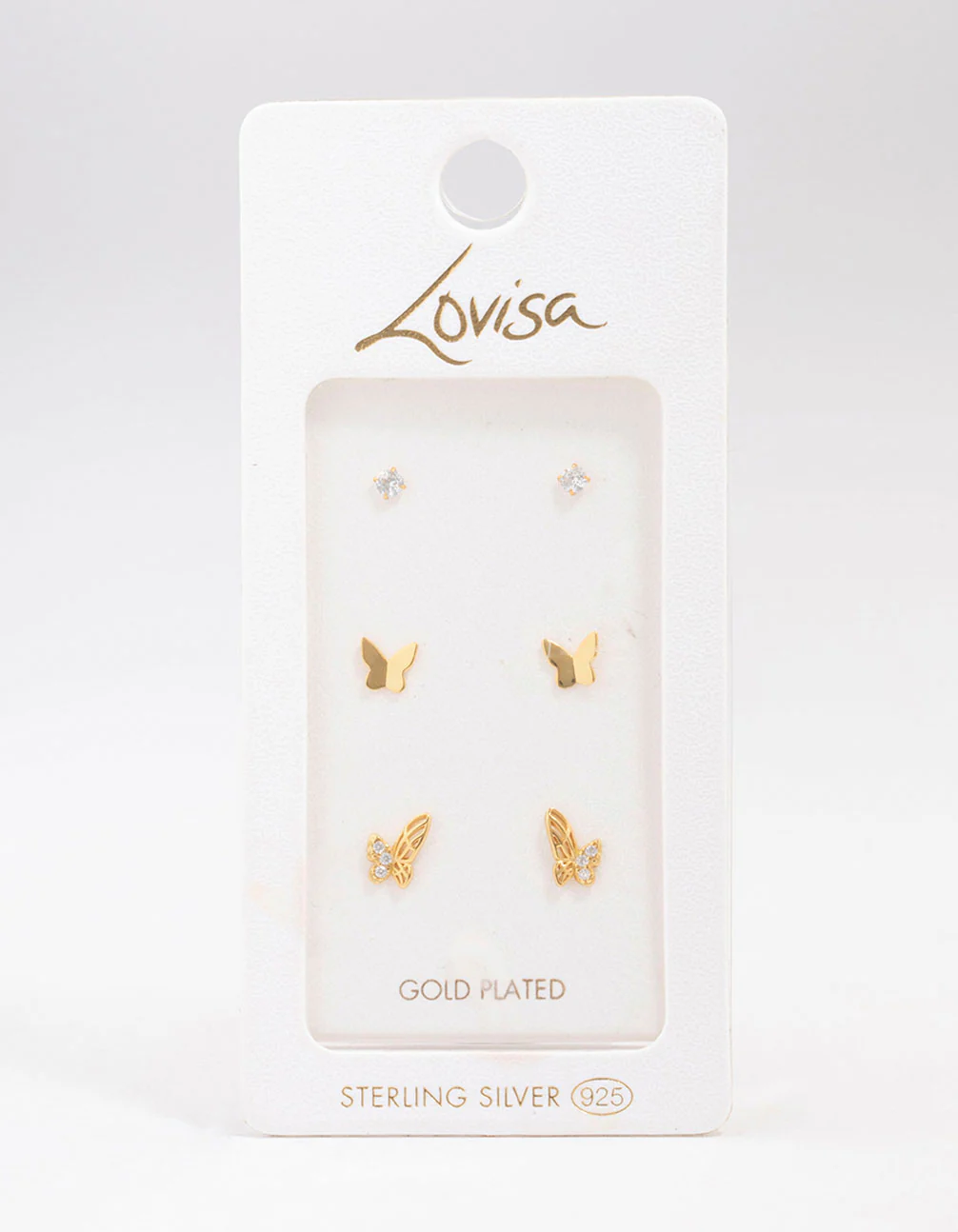 Gold Plated Sterling Silver Butterfly Stud Earring 3-Pack - Image 3