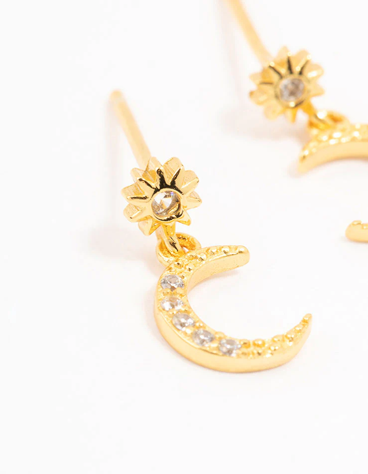Gold Plated Sterling  Silver Celestial Cubic Zirconia Drop Earrings - Image 2