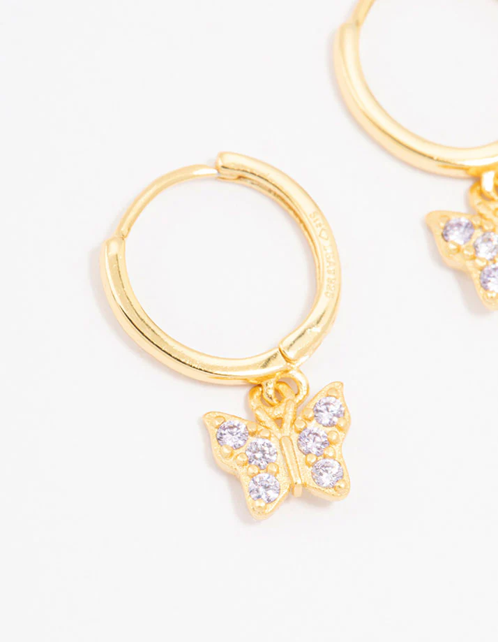 Gold Plated Sterling Silver Cubic Zirconia Butterfly Earrings - Image 2