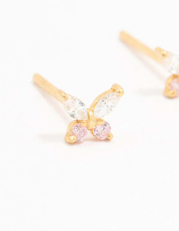Gold Plated Sterling Silver Cubic Zirconia Butterfly Stud Earrings - Image 2
