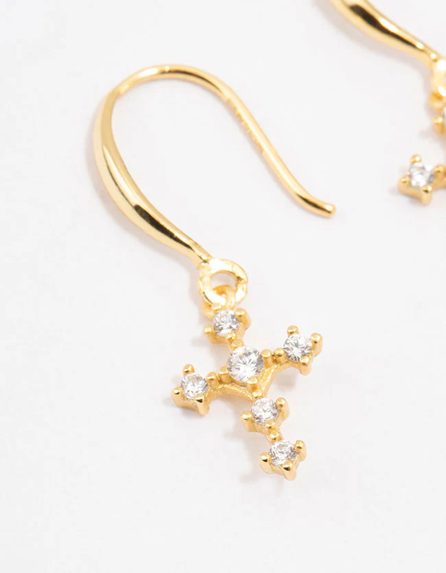 Gold Plated Sterling Silver Cubic Zirconia Cross Dangly Earrings - Image 2