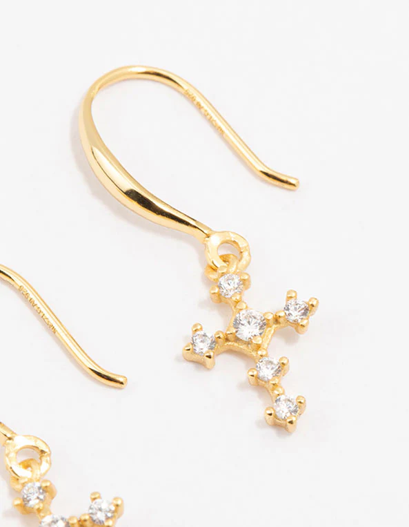 Gold Plated Sterling Silver Cubic Zirconia Cross Dangly Earrings - Image 3