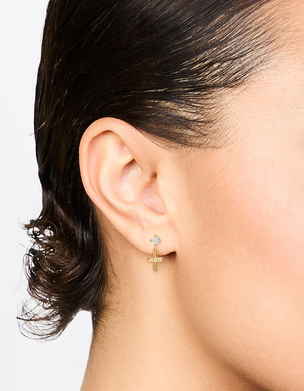 Gold Plated Sterling Silver Cubic Zirconia Cross Drop Earrings - Image 2