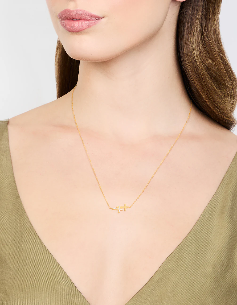 Gold Plated Sterling Silver Cubic Zirconia Double Cross Necklace - Image 2