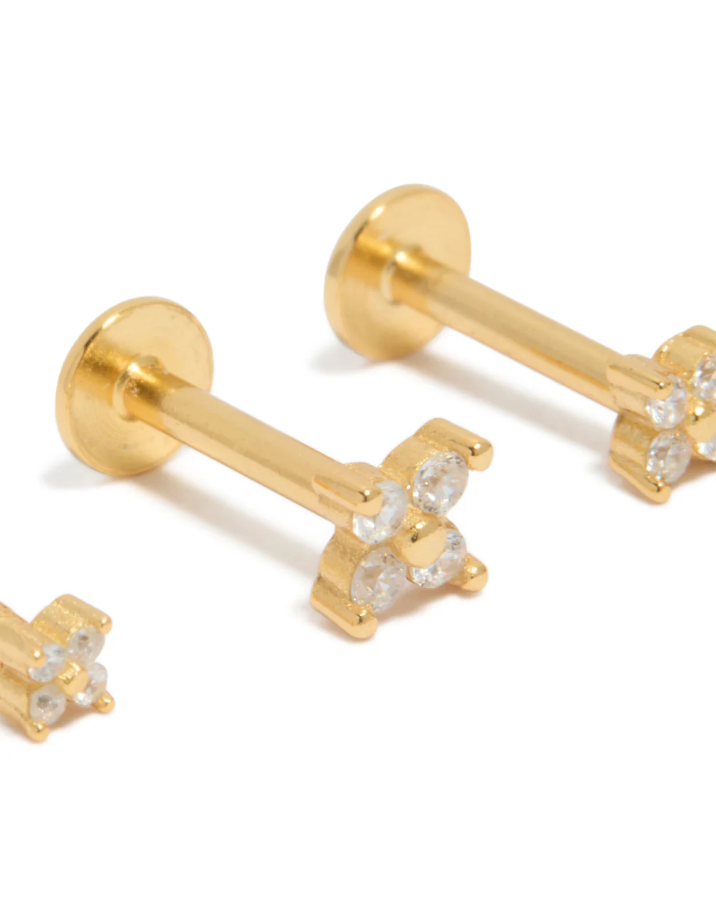 Gold Plated Sterling Silver Cubic Zirconia Flower Flat Back Studs 3-Pack - Image 2