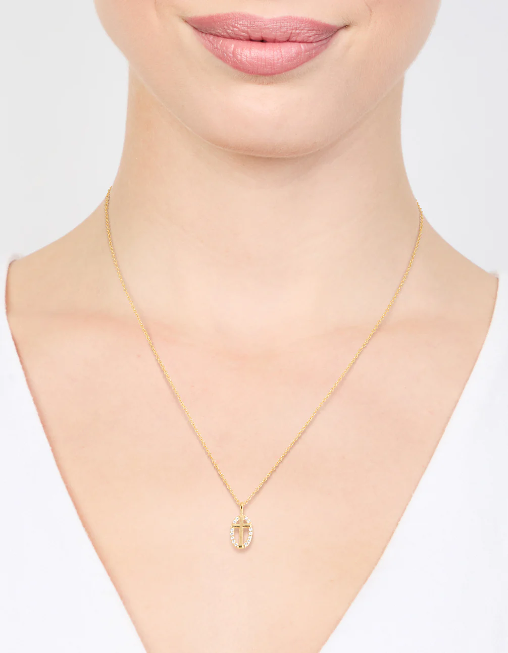 Gold Plated Sterling Silver Cubic Zirconia Oval Cross Necklace - Image 2