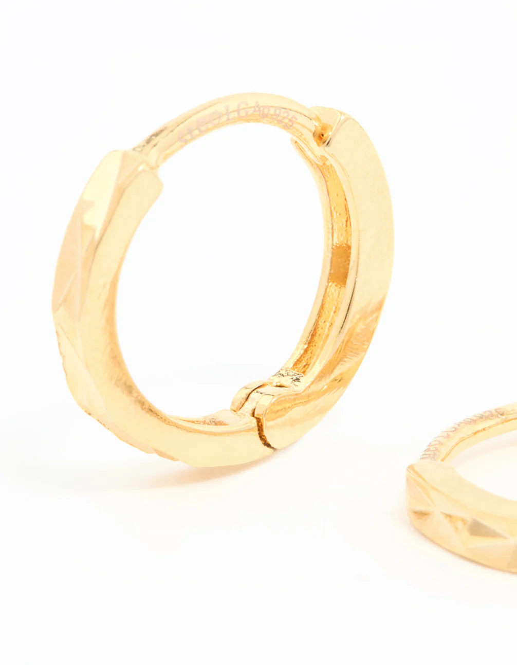 Gold Plated Sterling Silver Diamond Style Cut Huggie Earrings - Image 2