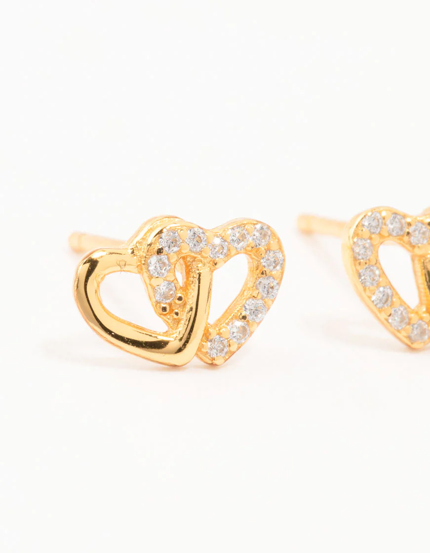 Gold Plated Sterling Silver Heart Cubic Zirconia Stud Earrings - Image 2