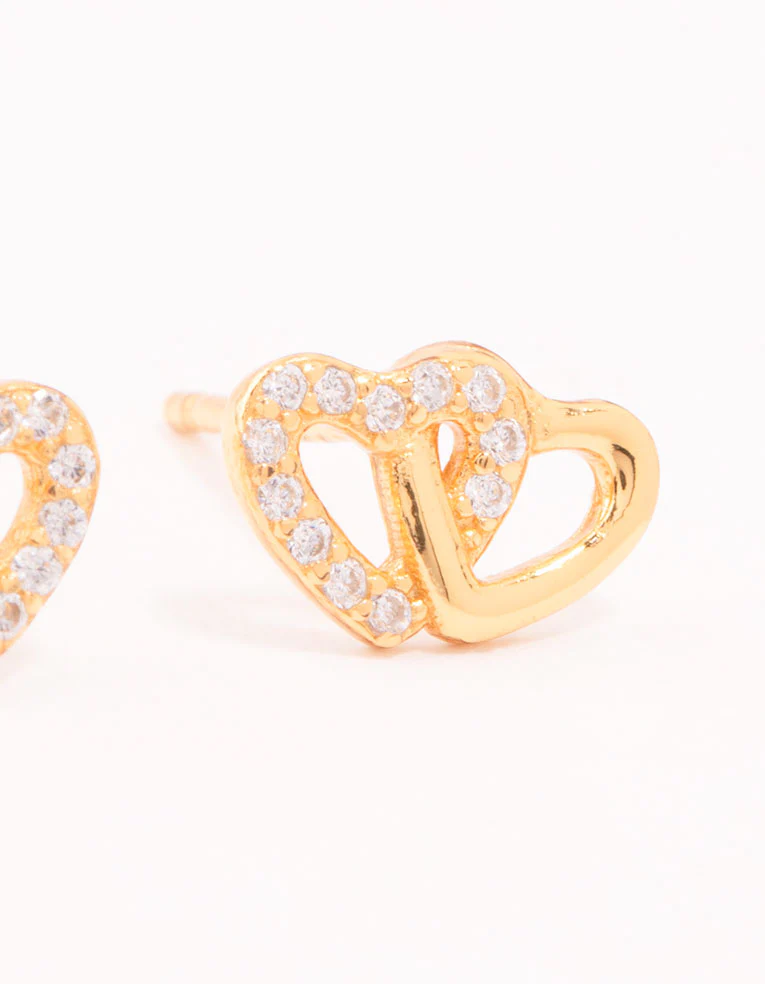 Gold Plated Sterling Silver Heart Cubic Zirconia Stud Earrings - Image 3