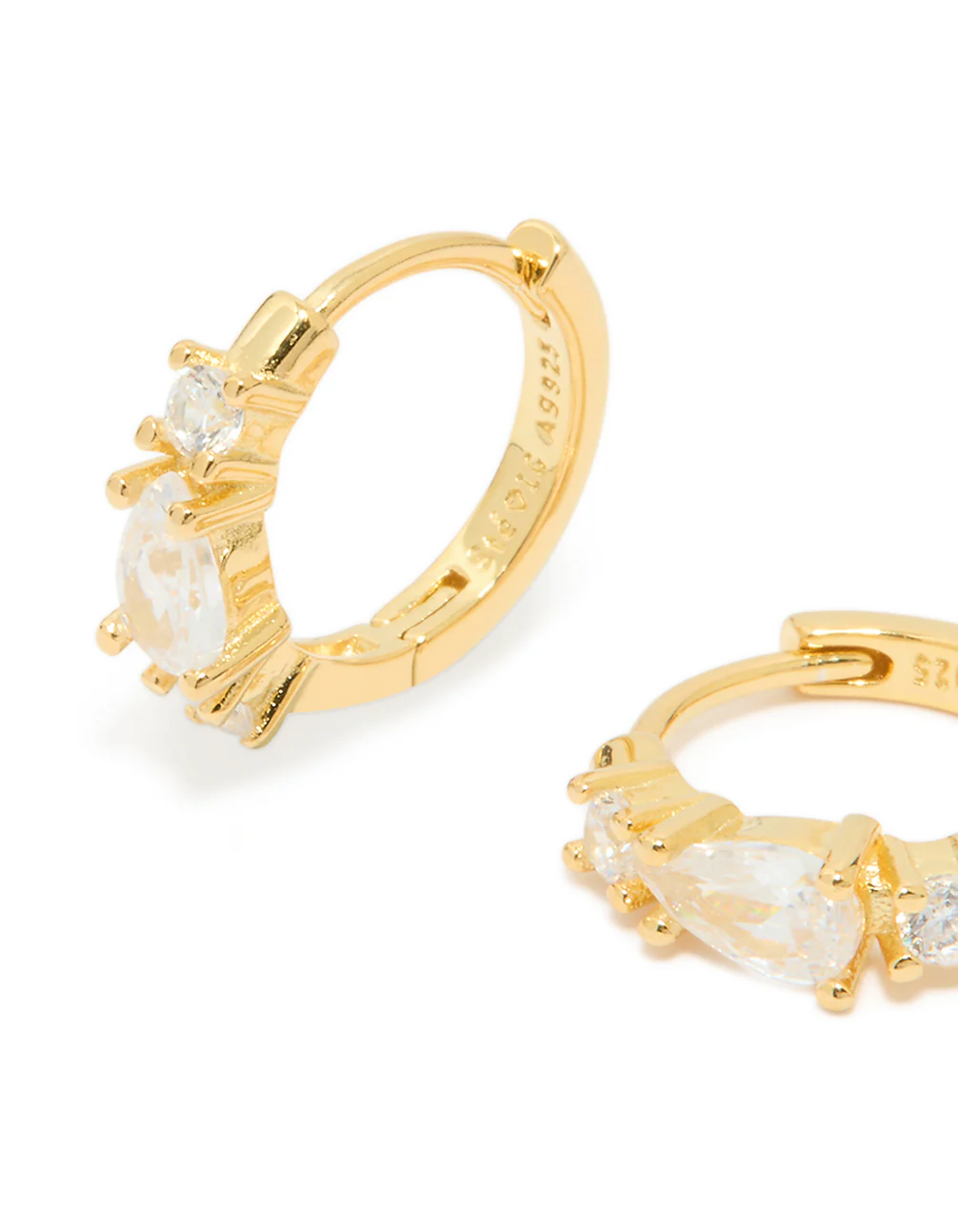 Gold Plated Sterling Silver Pear Cubic Zirconia Huggie Earrings - Image 2