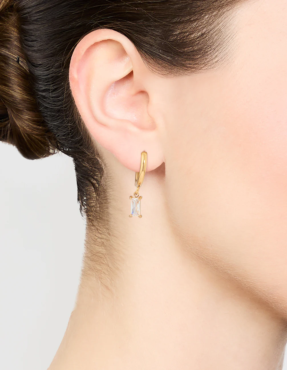 Waterproof Gold Plated Stainless Steel Baguette Diamante Huggie Earrings - Image 2