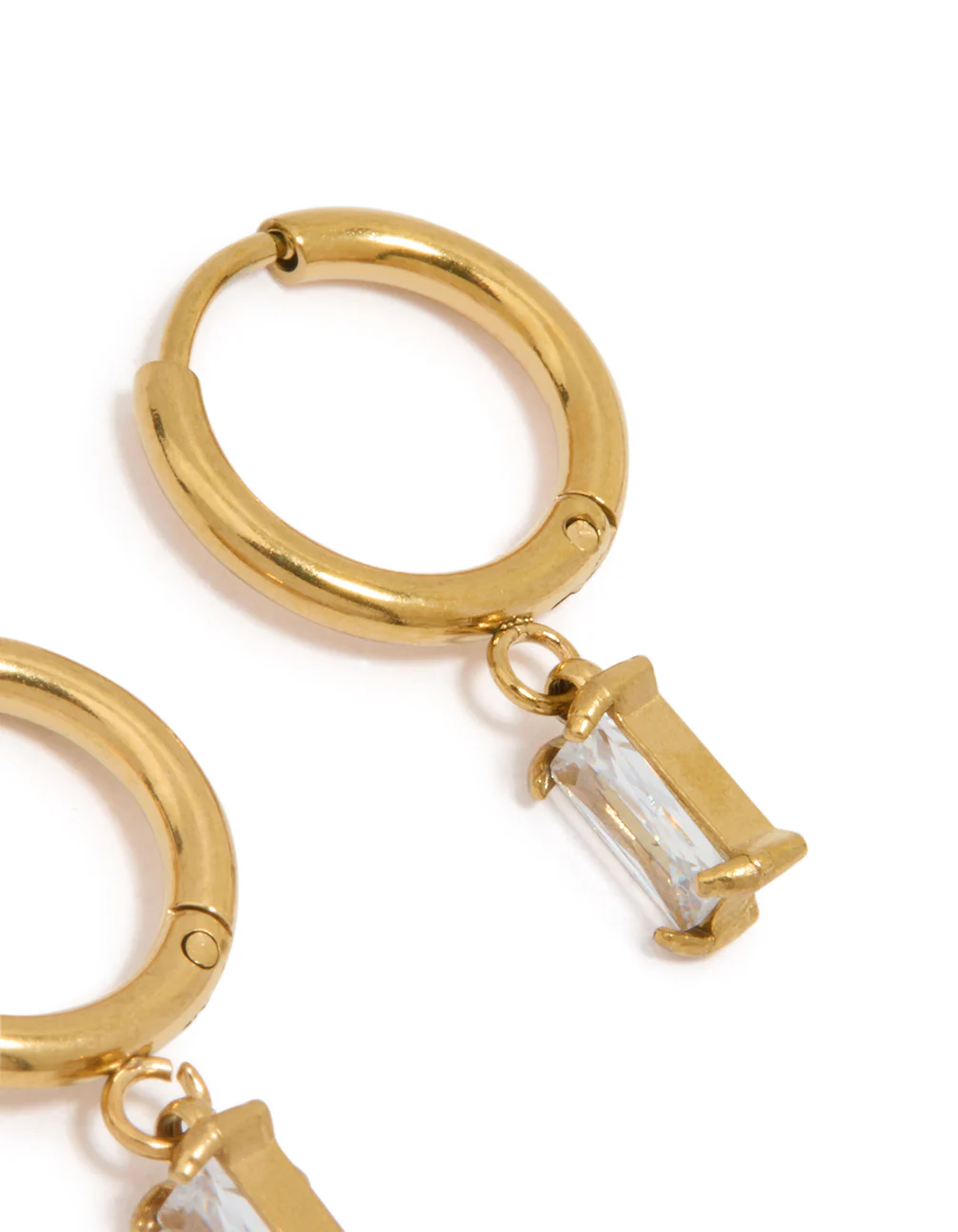Waterproof Gold Plated Stainless Steel Baguette Diamante Huggie Earrings - Image 5