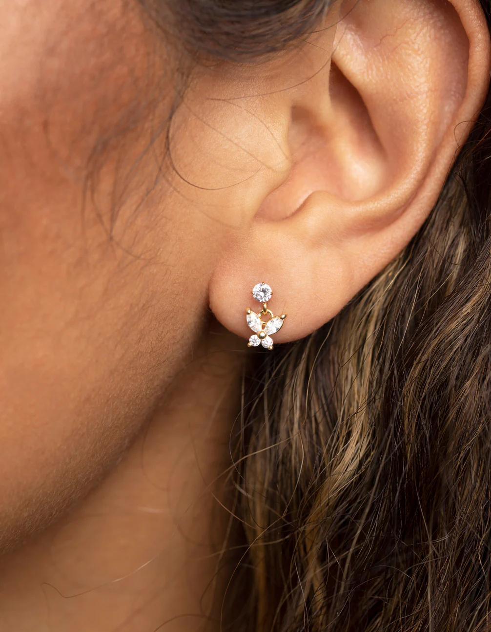 Gold Plated Surgical Steel Butterfly Stud Drop Earrings - Image 2