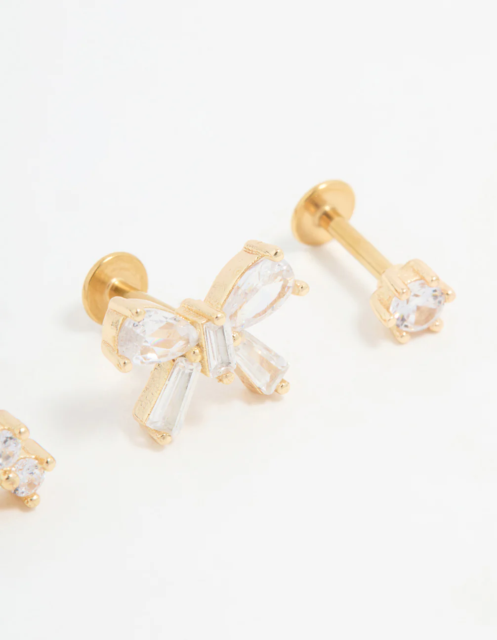 Gold Plated Surgical Steel Cubic Zirconia Bow Flat Back Studs 3-Pack - Image 2