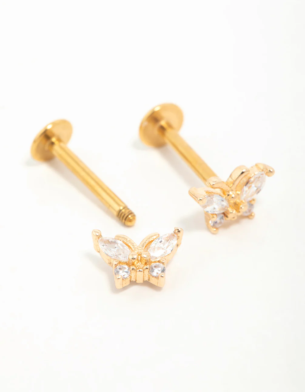 Gold Plated Surgical Steel Cubic Zirconia Butterfly Flat Back Earrings - Image 4