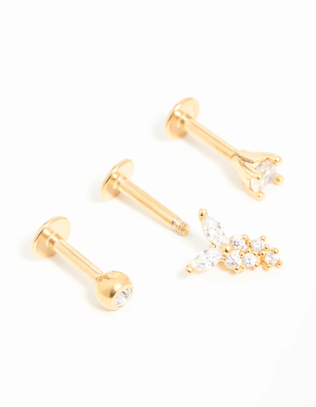 Gold Plated Surgical Steel Cubic Zirconia Butterfly Flat Back Studs 3-Pack - Image 2
