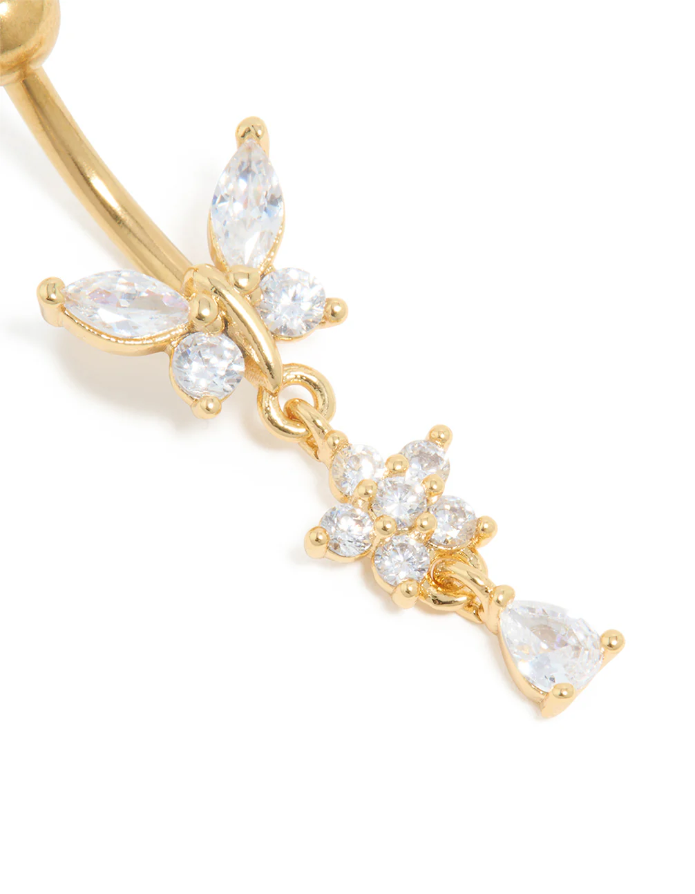 Gold Plated Surgical Steel Cubic Zirconia Butterfly Flower Drop Belly Bar - Image 2